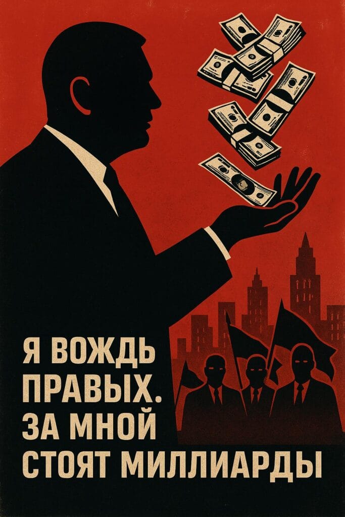 Donald Trump stands before collapsing markets, a red arrow pointing down, and the caption ‘I am the leader of the right. Behind me stand the billions