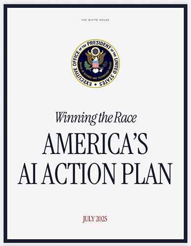 Official cover of 'America's AI Action Plan' issued by White House, July 2025. Inphographic showing America's AI Action Plan with government regulation, corporate power, data surveillence and strategic risks of artificial intelligence. Article from EasternPost Publishing House, 26th od September 2025. Both in English and Russian.