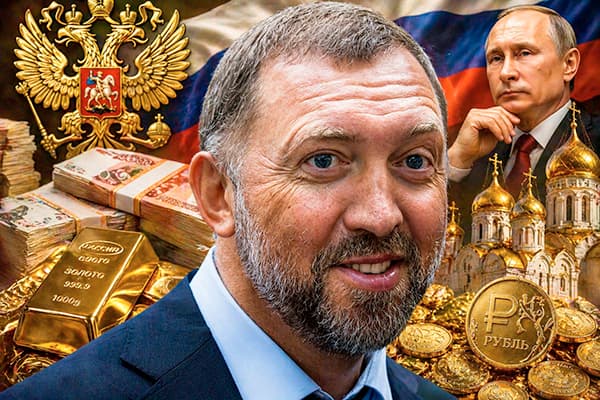 Oleg Deripasko in a center, Vladimir Putin in a right corner, coin of rubble, Russian Orthodox Church under Putin