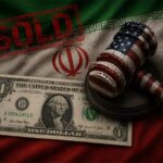 Illustration of the 2026 U.S.–Iran memorandum showing a U.S. judicial gavel, a one-dollar bill, and the Iranian flag, symbolizing control over oil revenues, financial flows, and economic sovereignty.