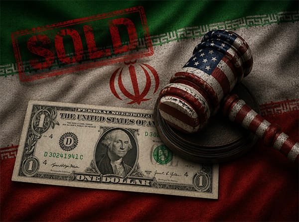 Illustration of the 2026 U.S.–Iran memorandum showing a U.S. judicial gavel, a one-dollar bill, and the Iranian flag, symbolizing control over oil revenues, financial flows, and economic sovereignty.