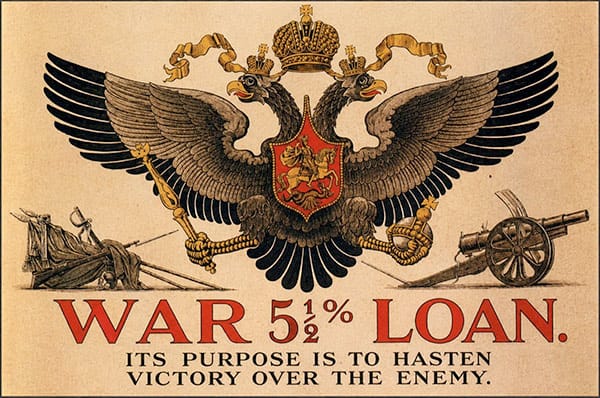 WAR LOAN poster featuring the Russian imperial double-headed eagle and a wartime fundraising appeal
