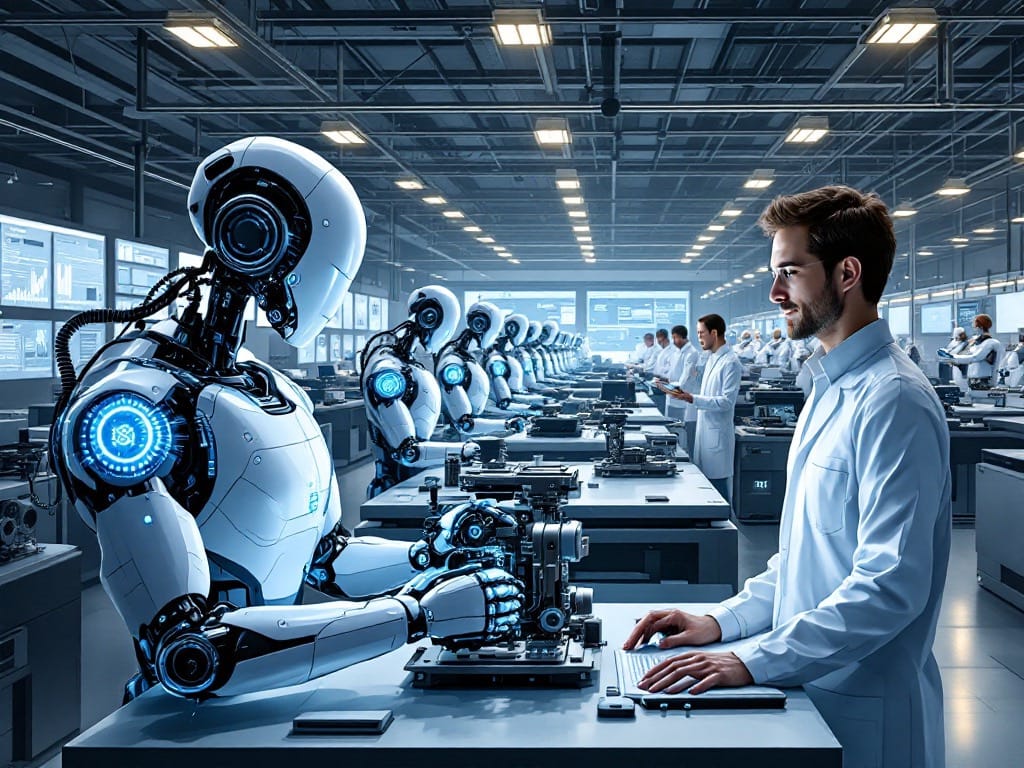 Illustration of a person and a robot facing each other at a production workstation